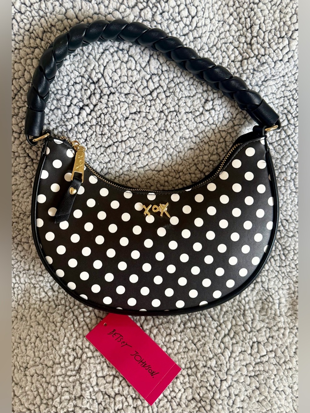 Betsey Johnson Black & White Polka Dot Crescent Shoulder Bag
